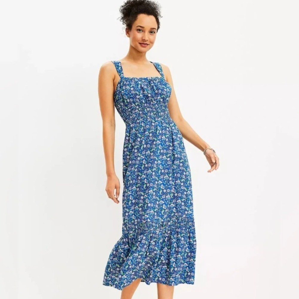Loft Blue Ditsy Floral Shirred Flounce Maxi Dress, Size Large, Sleeveless NEW‎